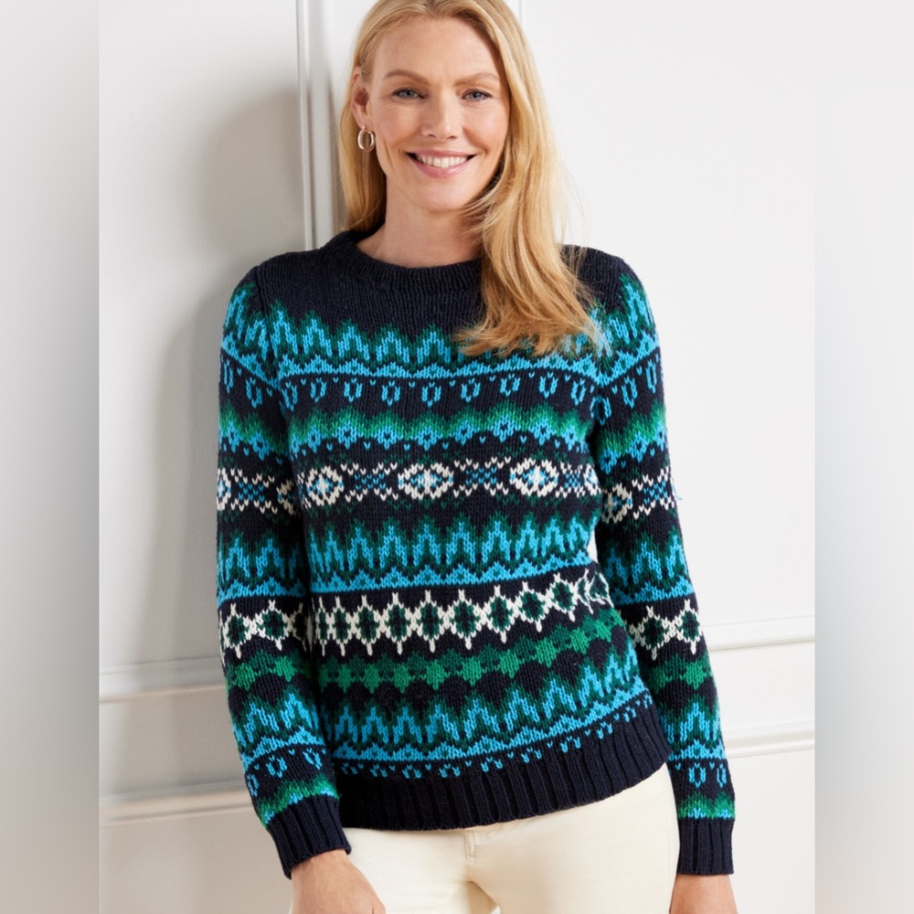 Talbots Blue Multi Long Sleeve Pull Over Fair Isle Sweater